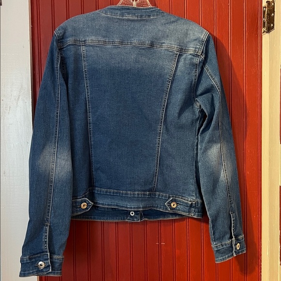 Embellished  Rhinestone Pearls Blue Denim Jacket L - Picture 2 of 6